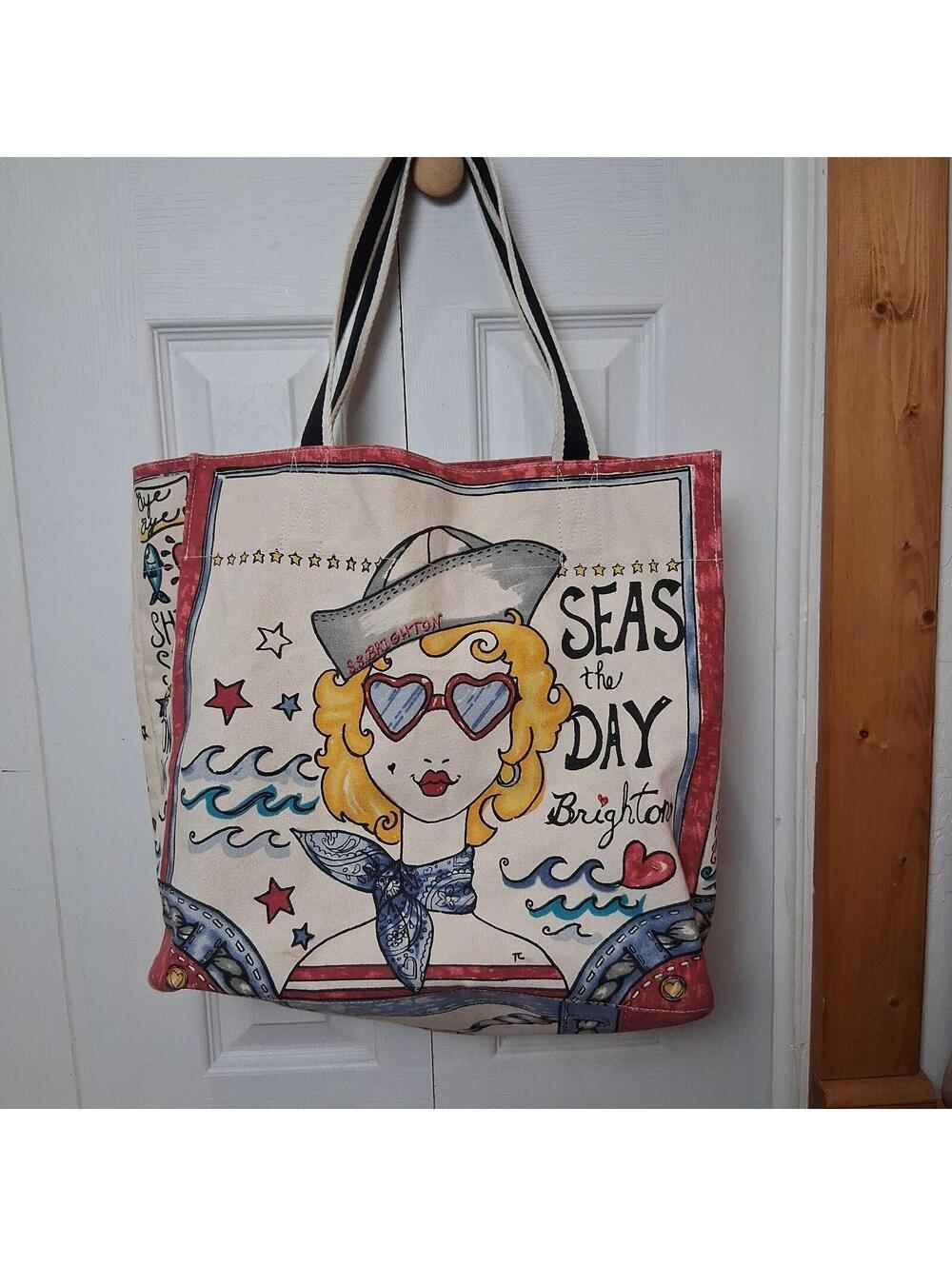 Brighton Large Canvas Tote Bag Seas the Day, Mermaid Nautical Beach Bag